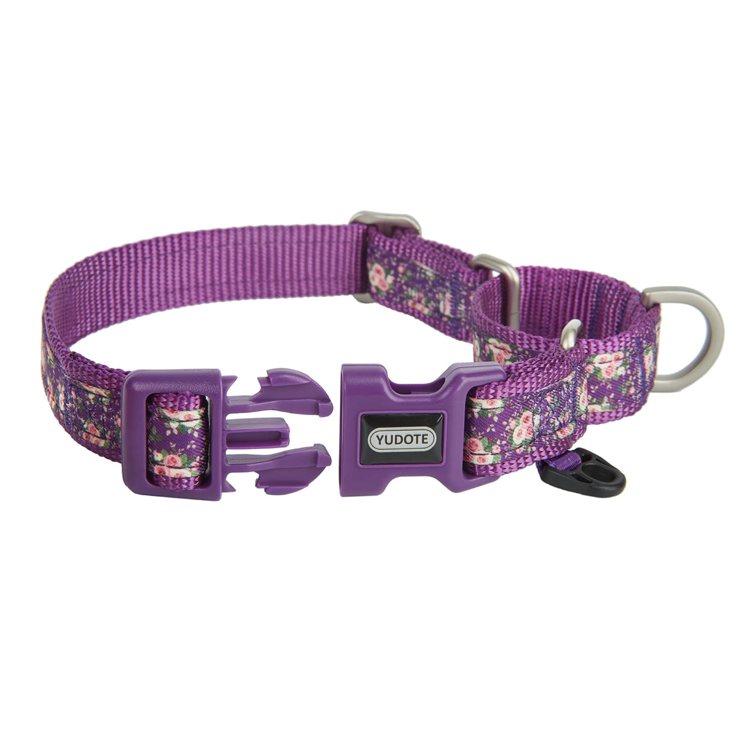 YUDOTE Martingale Dog Collar - Floral Nylon, No Pull, Medium (15"-19"), Purple