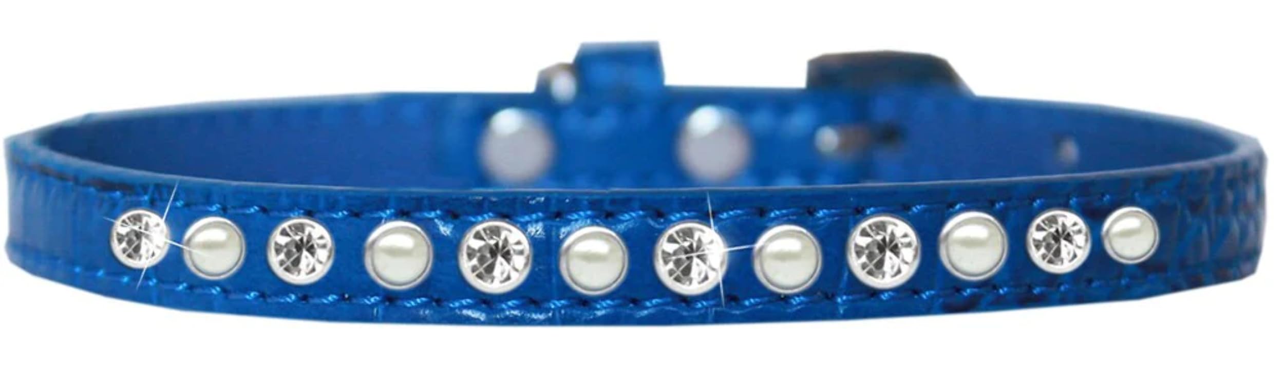 Dog, Puppy and Pet Designer Croc Collar, One Row Pearl & Clear Crystals Rimsets Turquoise 10
