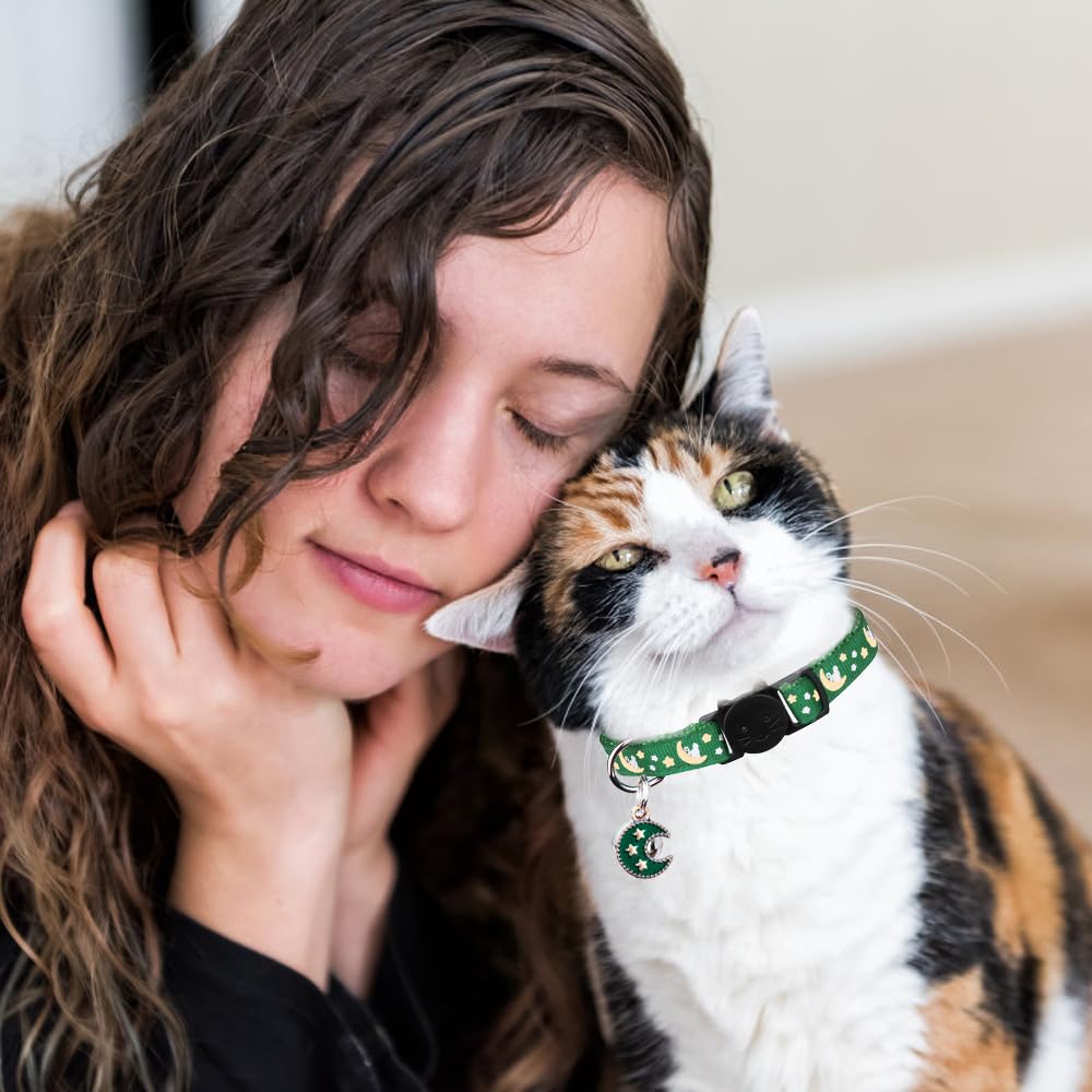 2Pcs Breakaway Cats Collars Cat Collars For Boy & Girl Cats Adjustable Kitten Collars With Bell,Black+Emerald,8'-13.1'