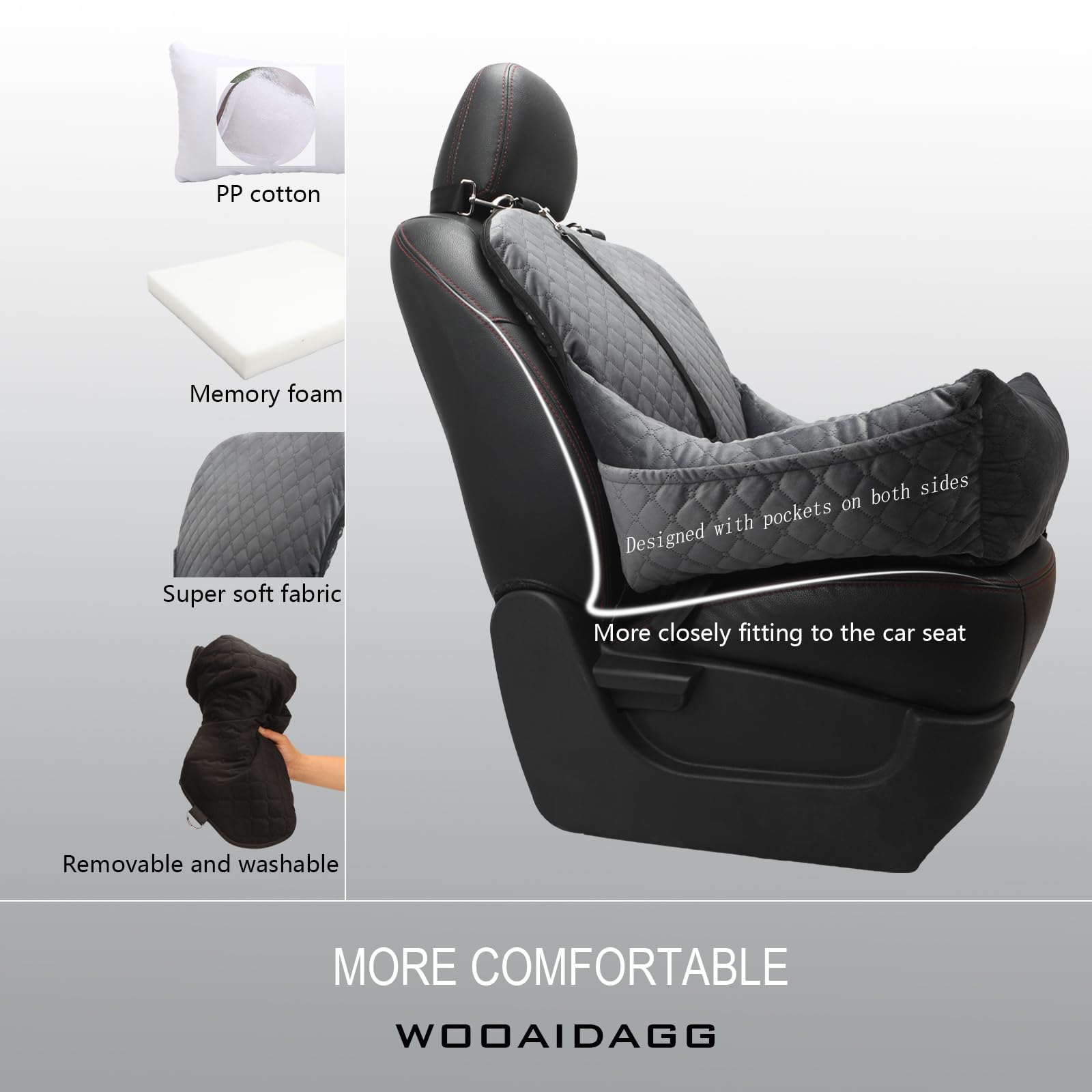 WOOAIDAGG Dog Car Seat,Fully Detachable and Washable Cover,Easy to Assemble,Comfy Cushion Fill in Memory Foam,2 Clip-On Safety L