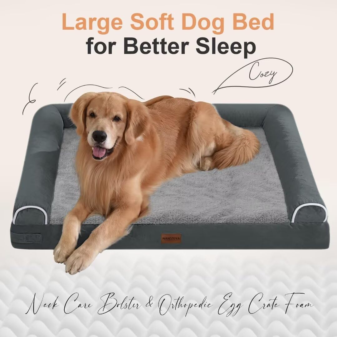 Large Dog Bed Orthopedic Washable: Jumbo Dog Bed Bolster Extra Large Dogs Egg Crate Foam Sofa Couch Waterproof Removable Cover - Grey