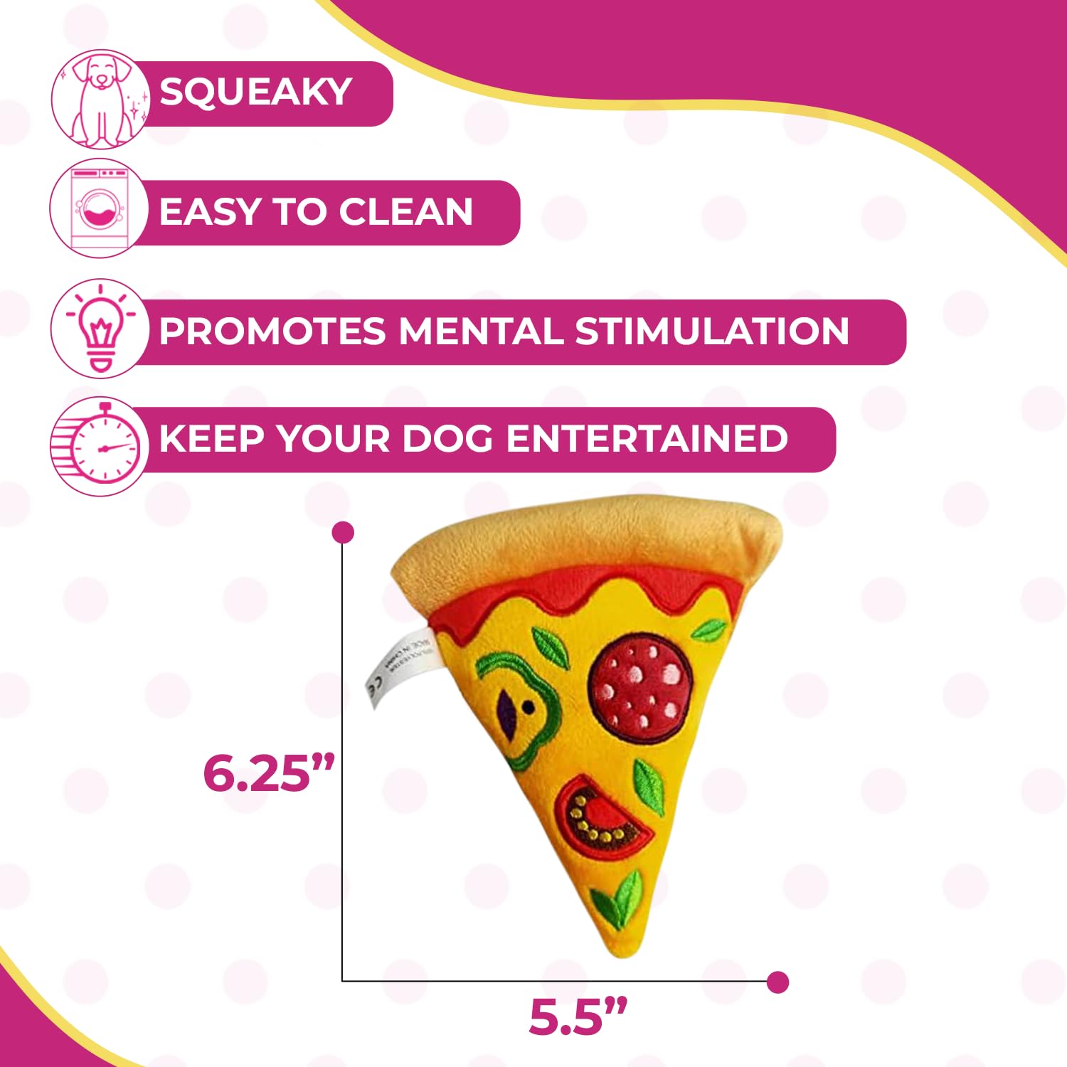 Glow Pups Pizza Dog Toy Unique Pizza Slice Design, Squeaky For Added Engagement, Easy To Clean For Convenience, Mental Stimulati