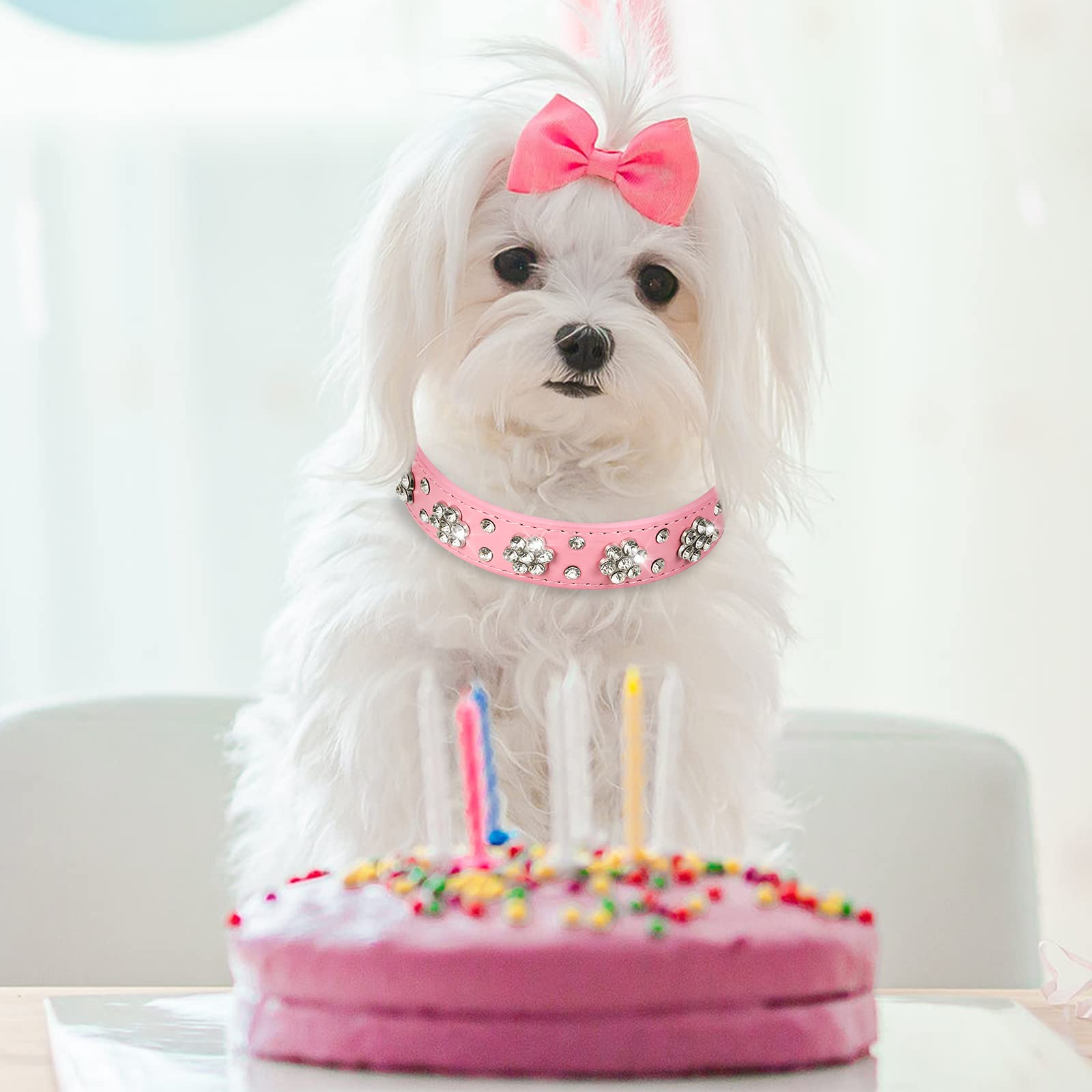 2 Pieces Pu Leather Dog Collar Pink Rhinestone Pet Collar Flower Pattern Studded Dog Collar Adjustable Bling Puppy Collar Pu Leather Crystal Pet Collars For Dogs (S:11-13 Inch)