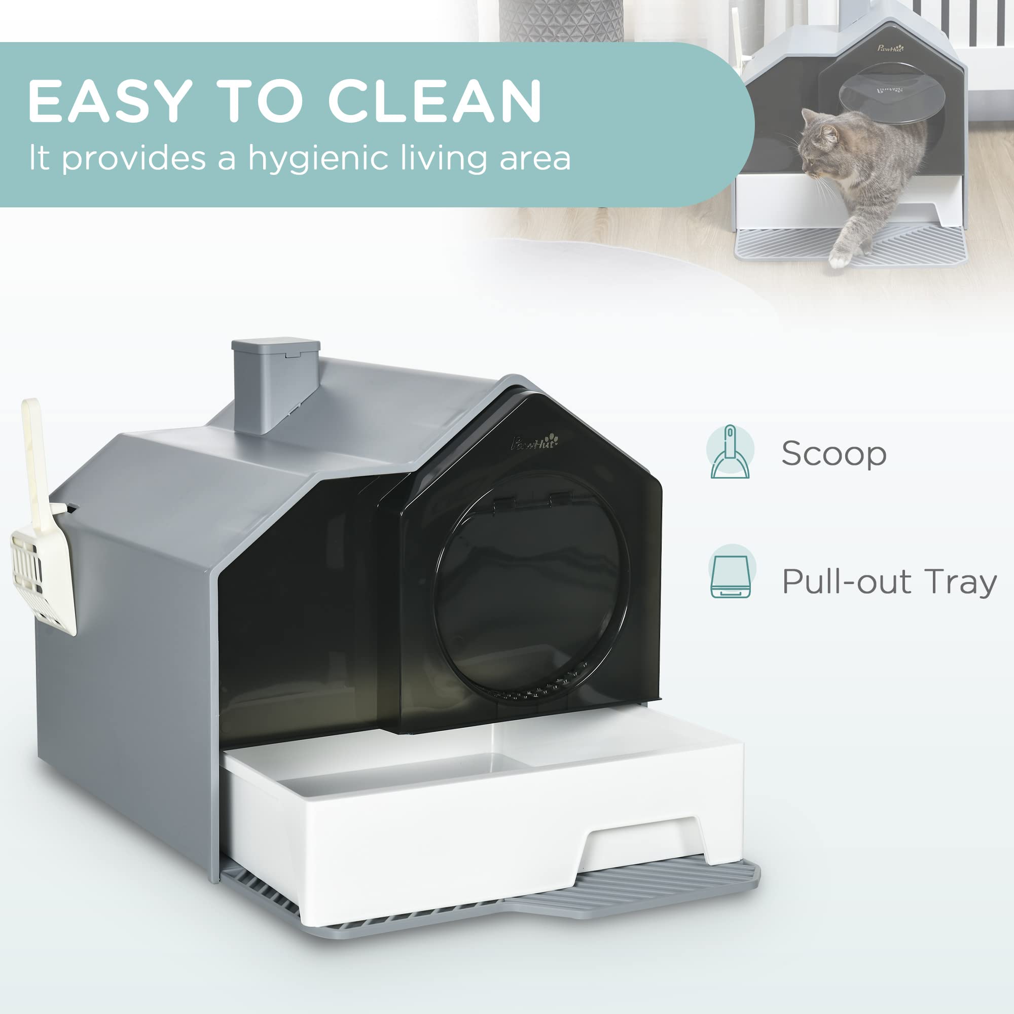 Pawhut Hooded Cat Litter Box With Kitty Litter Mat, Kitty Litter Pan With Odor Control, Easy-Clean Pull-Out Drawer, Handle, Scoo