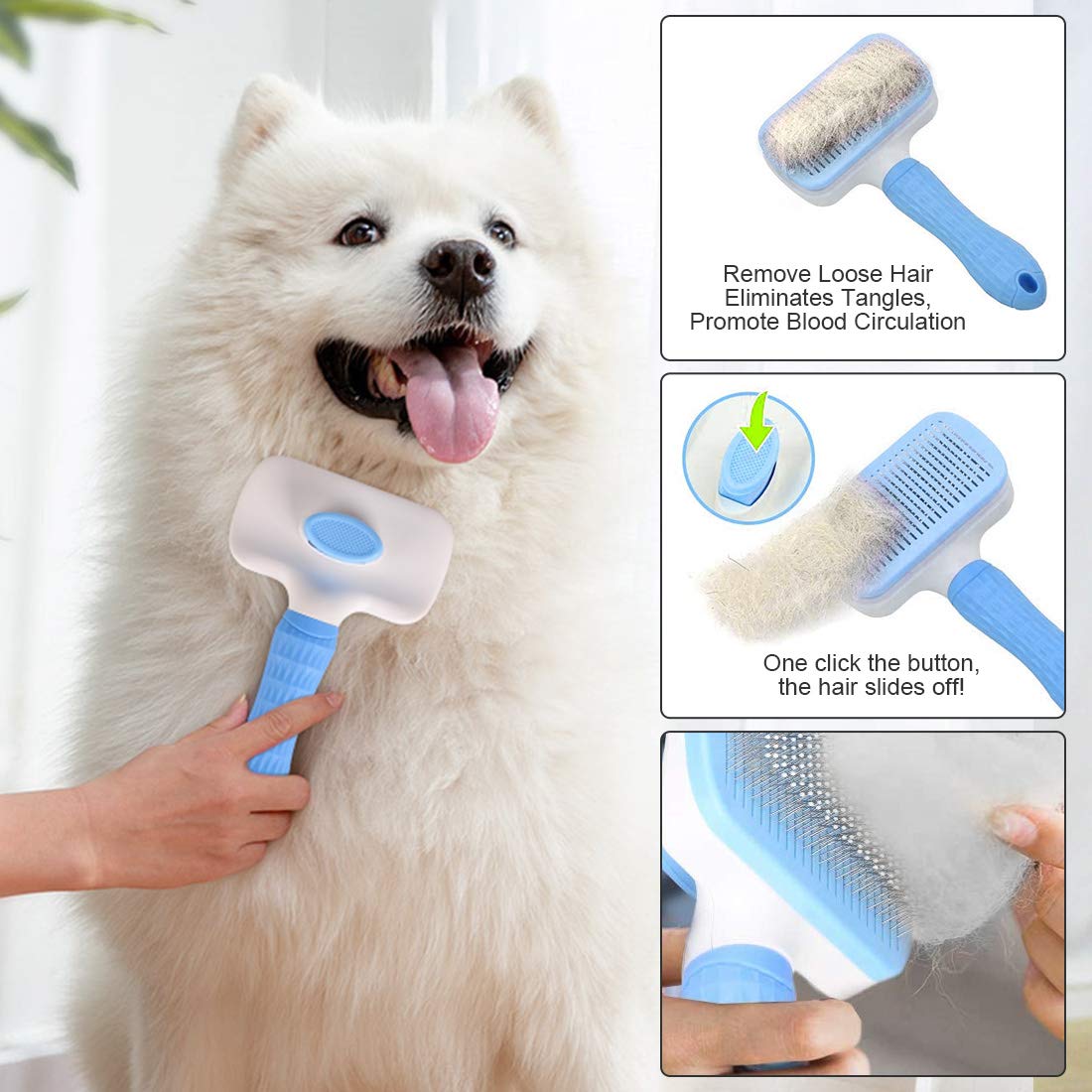 Atlamia Self Cleaning Slicker Brush,Dog Brush & Cat Brush With Massage Particles,Removes Loose Hair & Tangles,Skin Friendly & Promote Circulation-Blue