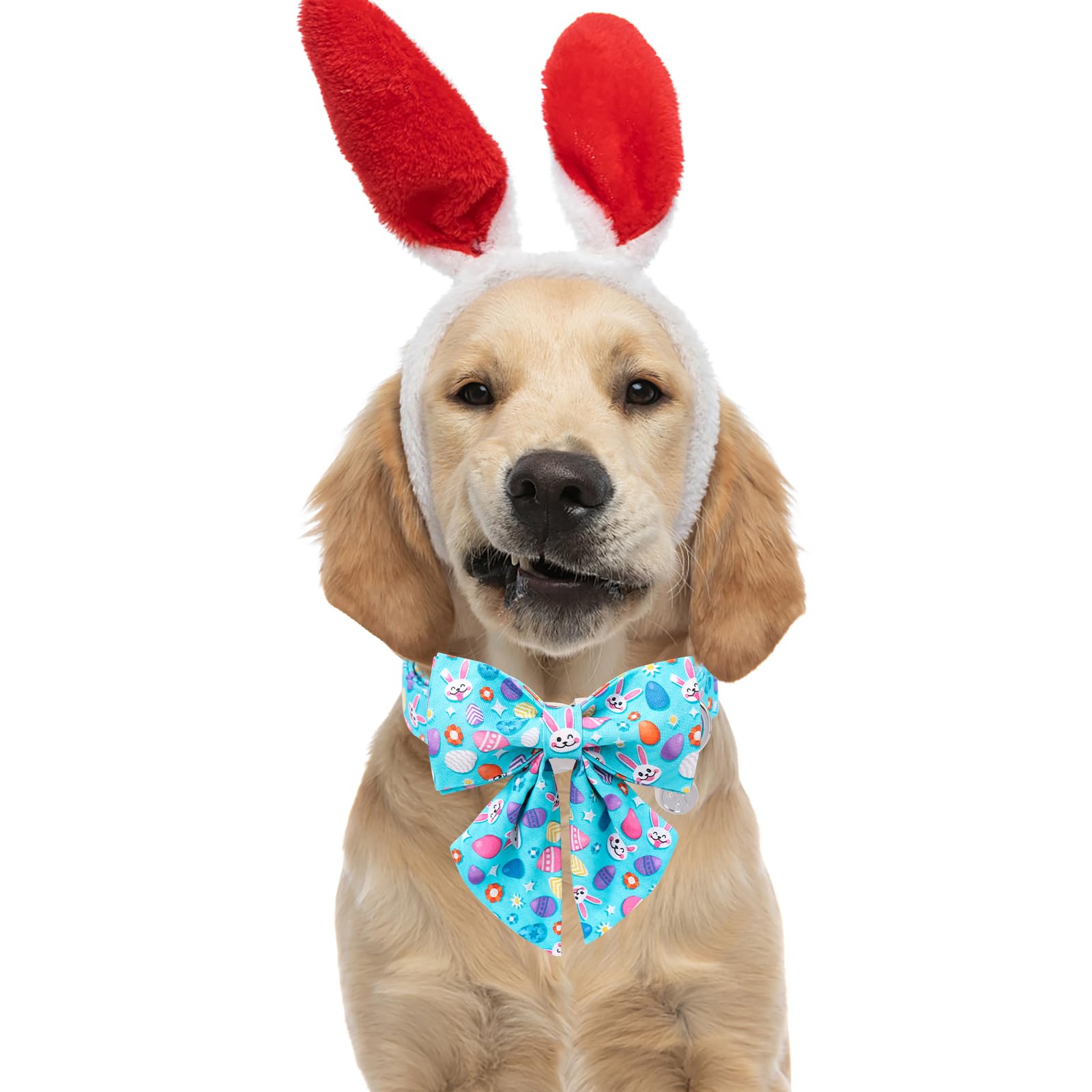 Dogwong Cotton Easter Dog Collar With Bowtie, Soft Adjustable Blue Rabbit Easter Day Dog Collar Cute Egg Puppy Collar For Small