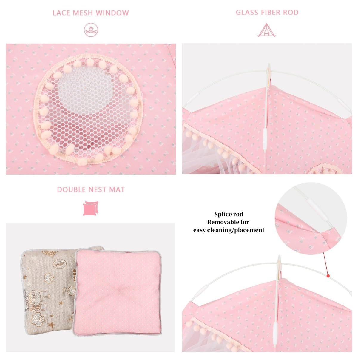 Cat Bed Tents Dog House Indoor Outdoor Lace Mesh Breathable Windows Door Curtains Removable Portable Nest Teepe House (Medium,Pi