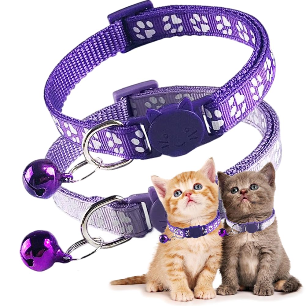 Purple Break Away Cat Collar With Bells, 2 Pack Breakaway Female Kitten Collar With Bells, Cat Collar For Girl Cats Kitty