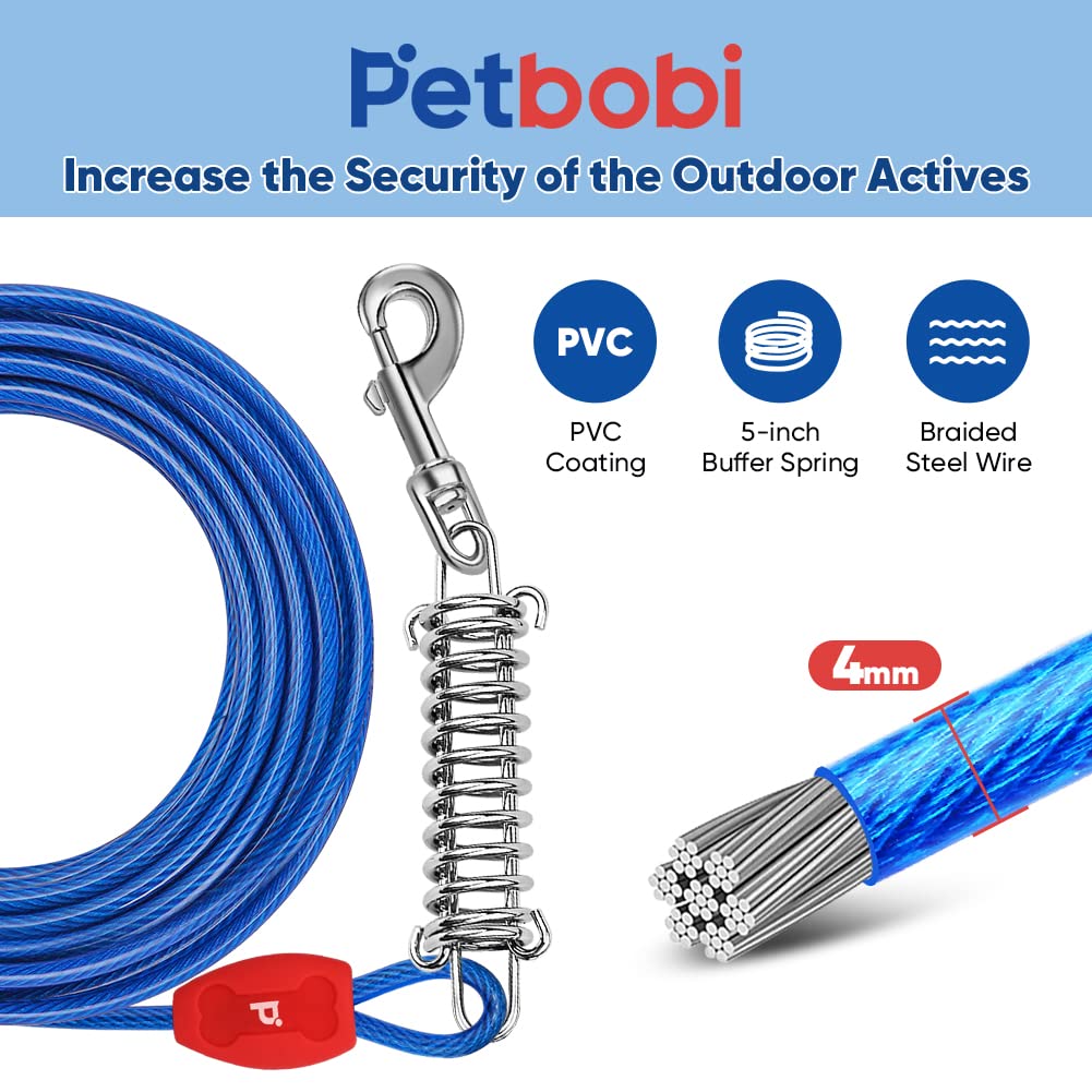 Petbobi Dog Tie-Out Cable And Stake - 40Ft Heavy Duty Cable With Spring, No Tangle, 16In Ground Stake, Ideal For Yard, Camping And Beach, Suitable For Medium To Large Dogs Up To 120 Lbs, Blue
