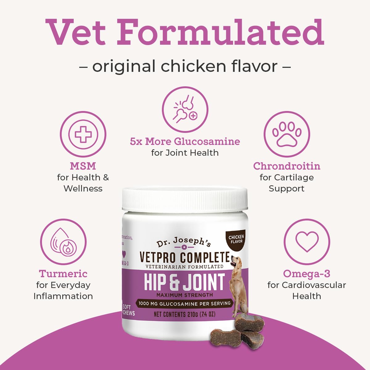 VetPro Complete Dr. Josephs Dog Hip and Joint Supplement, 60 Count, Chicken Flavored Pain and Inflammation Relief Chews with Gl