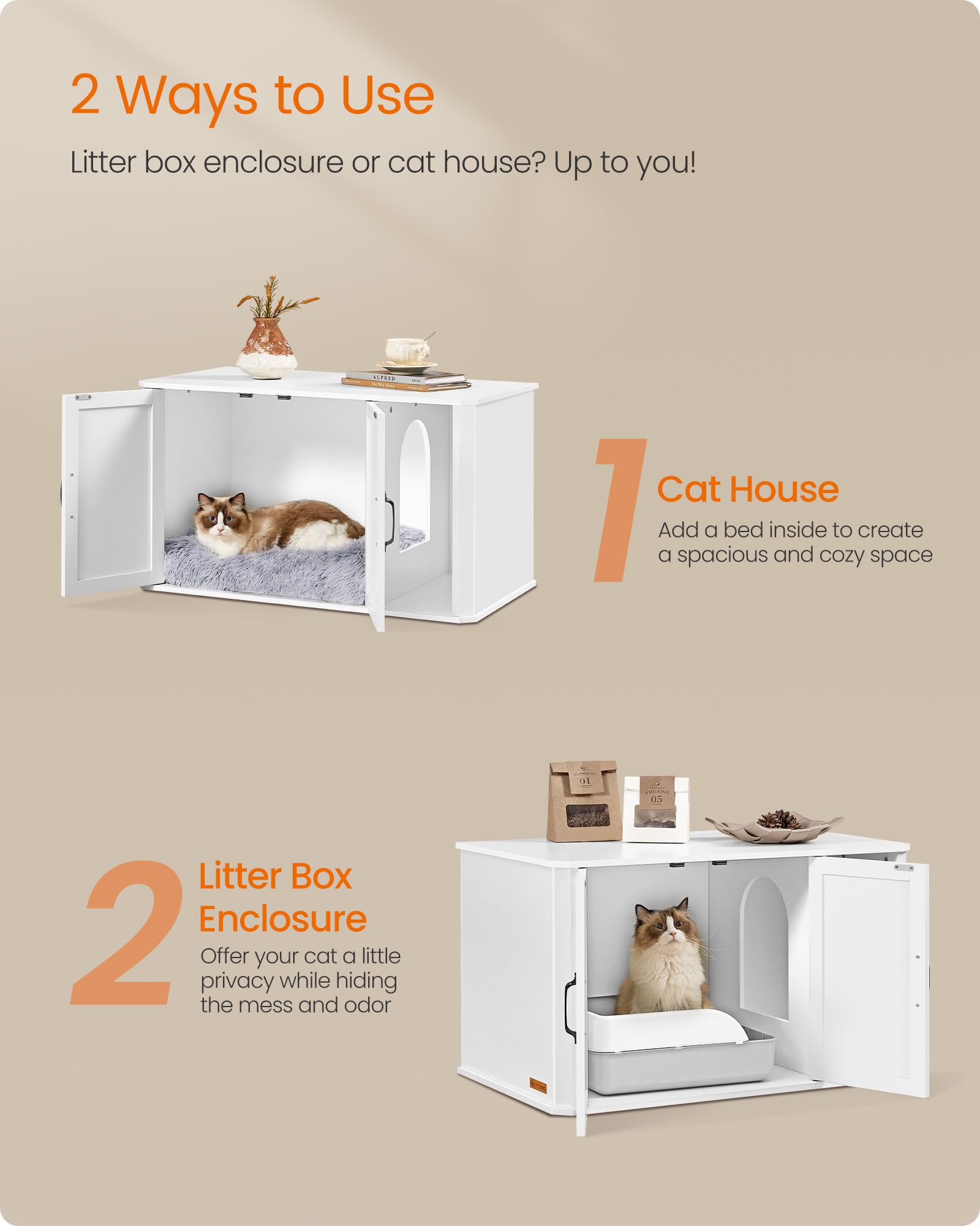 Feandrea Litter Box Enclosure, Modern Cat Litter Box Furniture Hidden, Front Entry, Double Doors, Handles, Cat House, Side End T