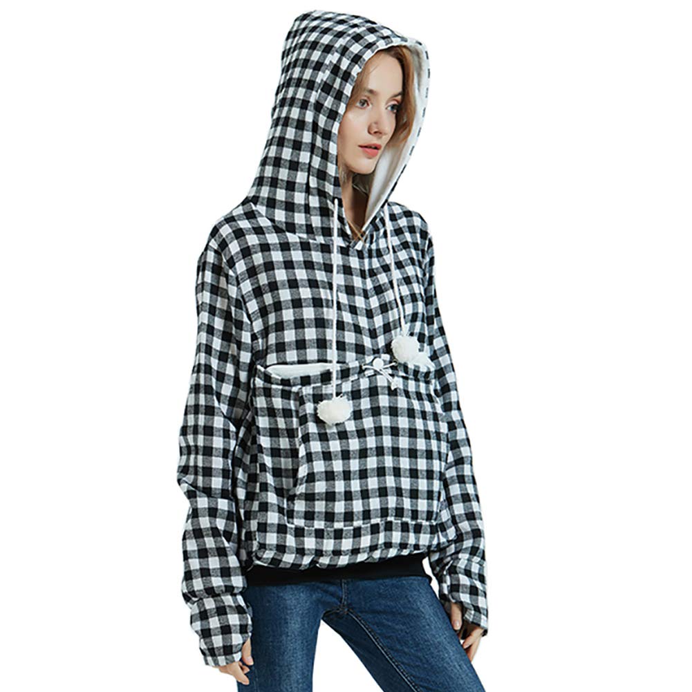 Jomago Womens Pet Carrier Thin Hoodies Kitten Puppy Pouch Shirts Animal Holder Hood Long Sleeve Sweatshirt Plaid White
