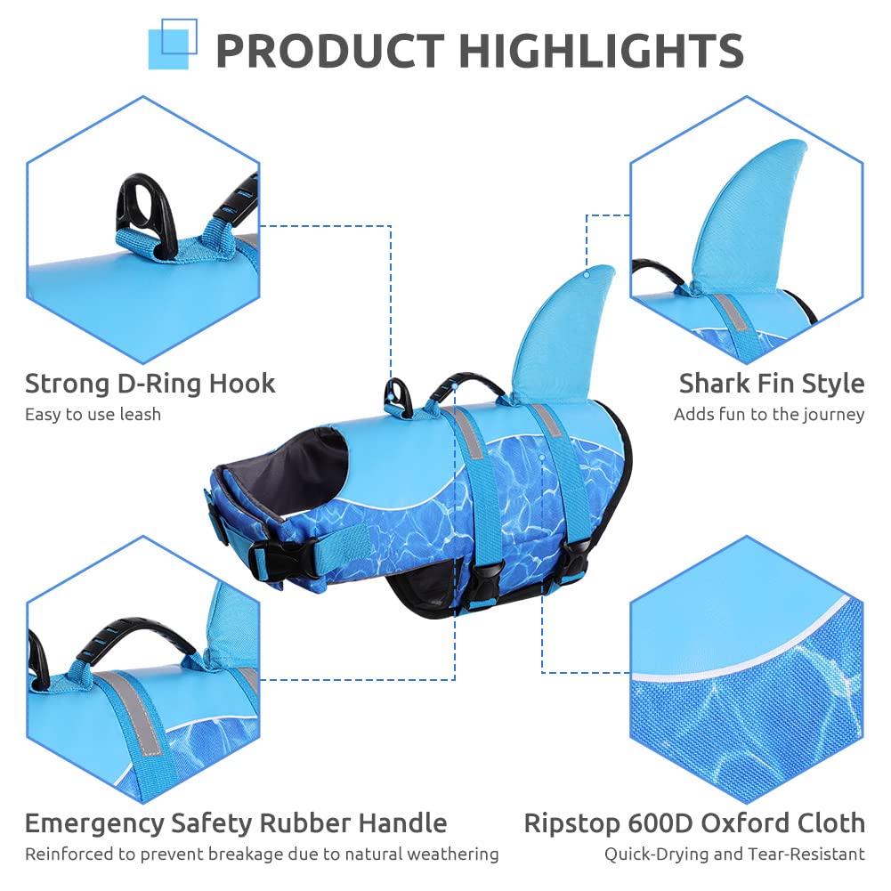 Queenmore Shark Dog Life Jacket - High Buoyant Swimming Vest, Adjustable Easy-On For Small, Medium, Large Dogs (Blue, M)