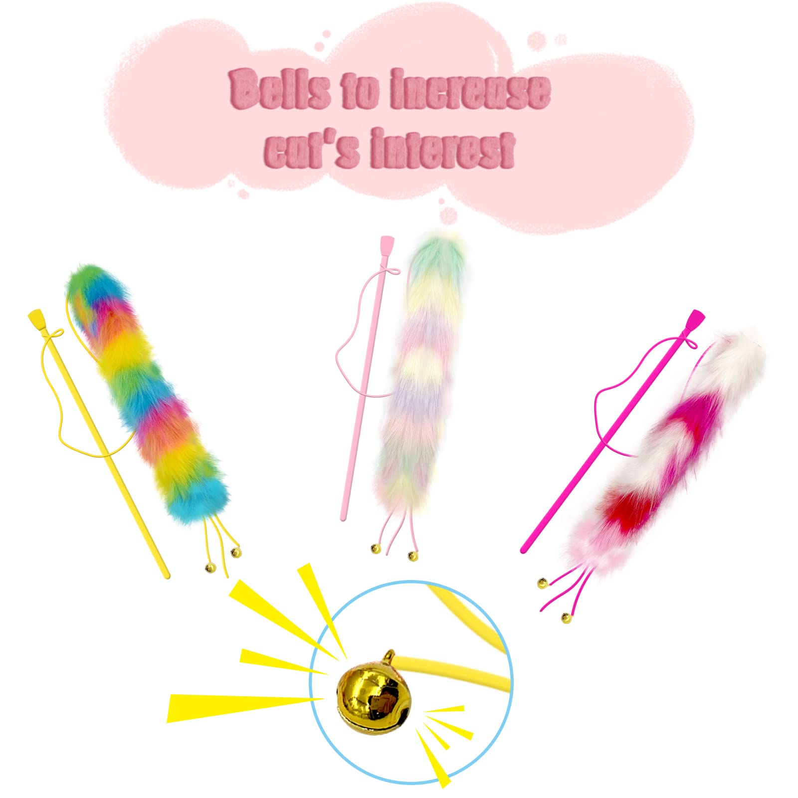 Lepawit 3 Pack Cat Wand Toy, Rainbow Cat Feather Toys With Bells, Cat Teaser Wand With Soft Furry Tail, Interactive Cat Toys For