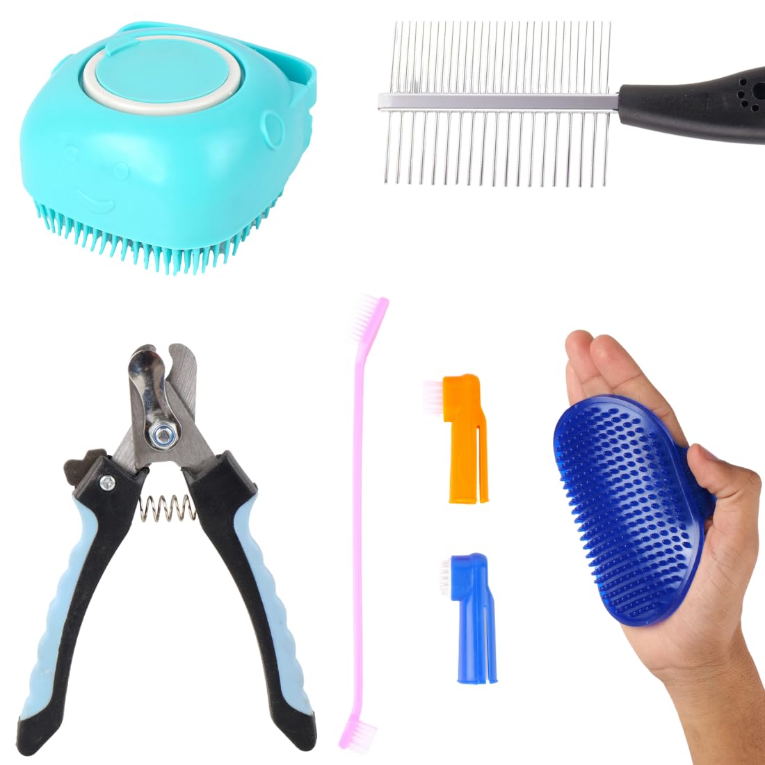 Pet Grooming Kit for Dogs, 5Piece Set with Silicone Brush, Metal Comb, Nail Clipper, Finger Brush, Toothbrushes, Complete Dog G