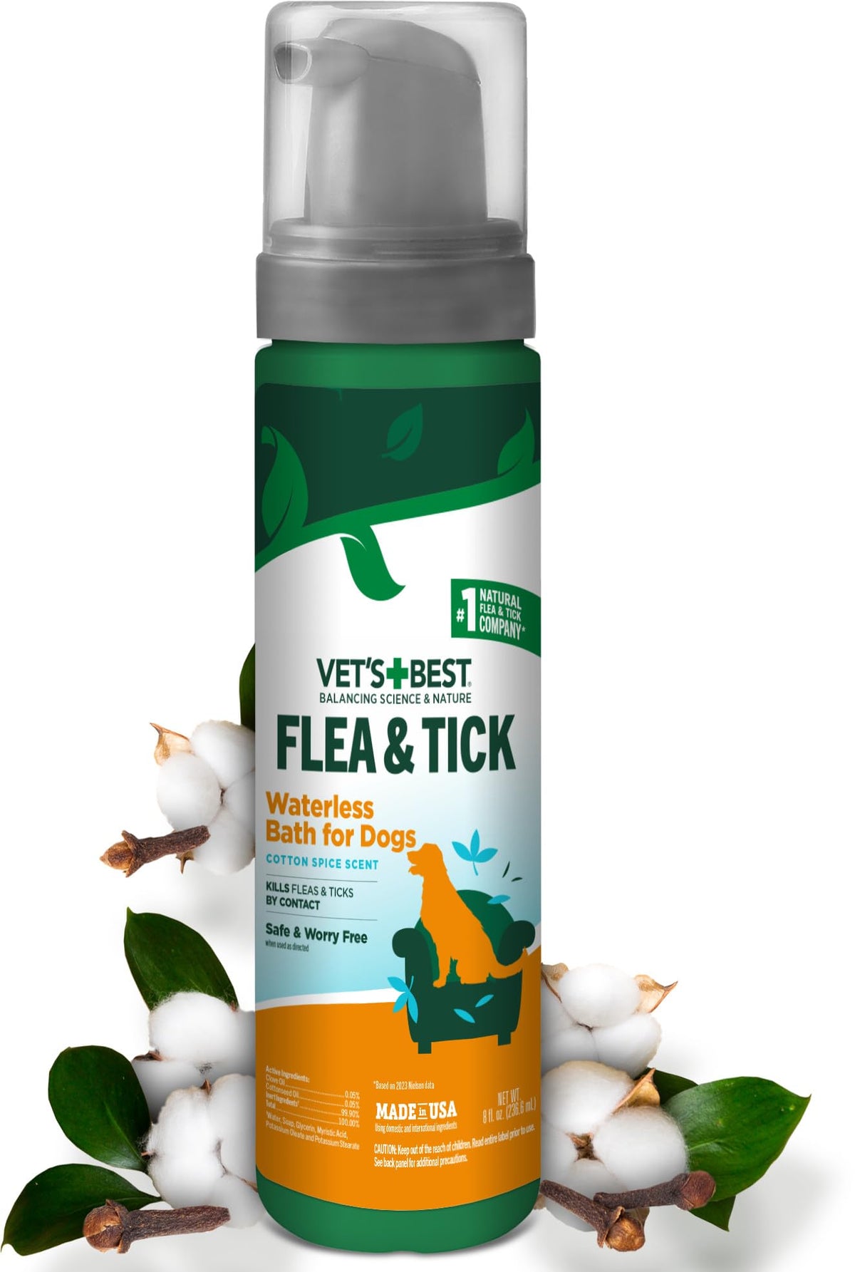 Vets Best Flea And Tick Waterless Bath For Dogs - Dog Waterless Bath - Cotton Spice Scent - Natural Flea And Tick Prevention - K