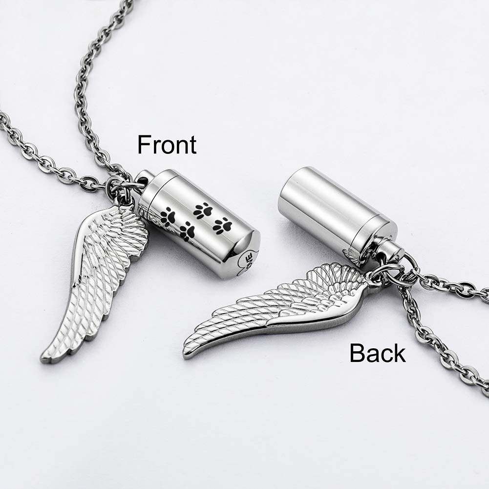 Abooxiu Cylinder Cremation Urn Necklace With Angel Wing And Pet Paw - Ashes Keepsake For Dog/Cat Memorial Jewelry