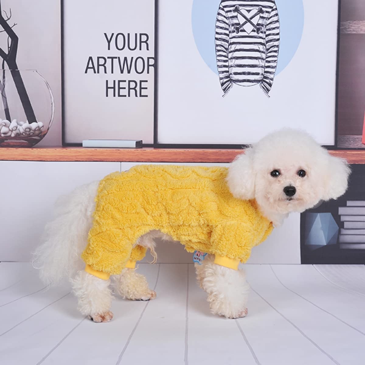 Loyanyy Plush Dog Pajamas For Cold Weather 4 Legged Clothes For Dog Cat Stretchy Puppy Kitten Onesie With Buttons Warm Soft Pet Jumpsuit Winter Coat Yellow Small