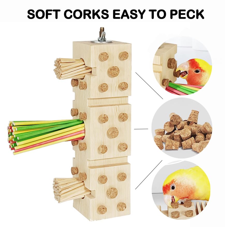 Parrot Toy Cage Perch With Pine Wood Foraging Smart Chewing Toy Soft Corks For Small To Regular Size Parrot Cockatiel Foraging T