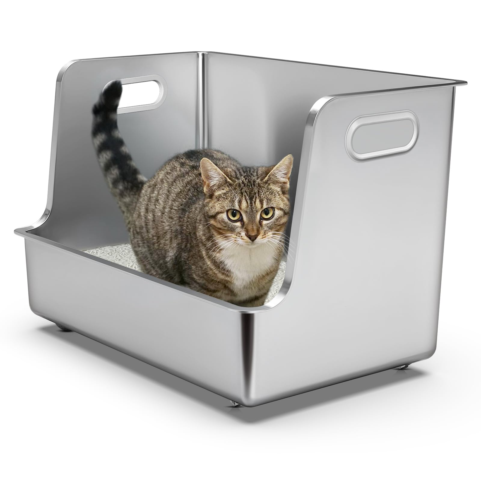 PWTAA One-Piece Stainless Steel Cat Litter Box, 14.5 High-Sided Metal Litter Pan with Extra Wide Entry, Rust-Proof, Easy to Clea