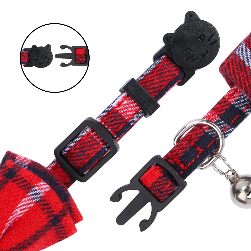 Faleela 2 Pack/Set Cat Collar With Cute Bow Tie And Bell,Breakaway Plaid Shirt Collar For Kitty Adjustable Safety