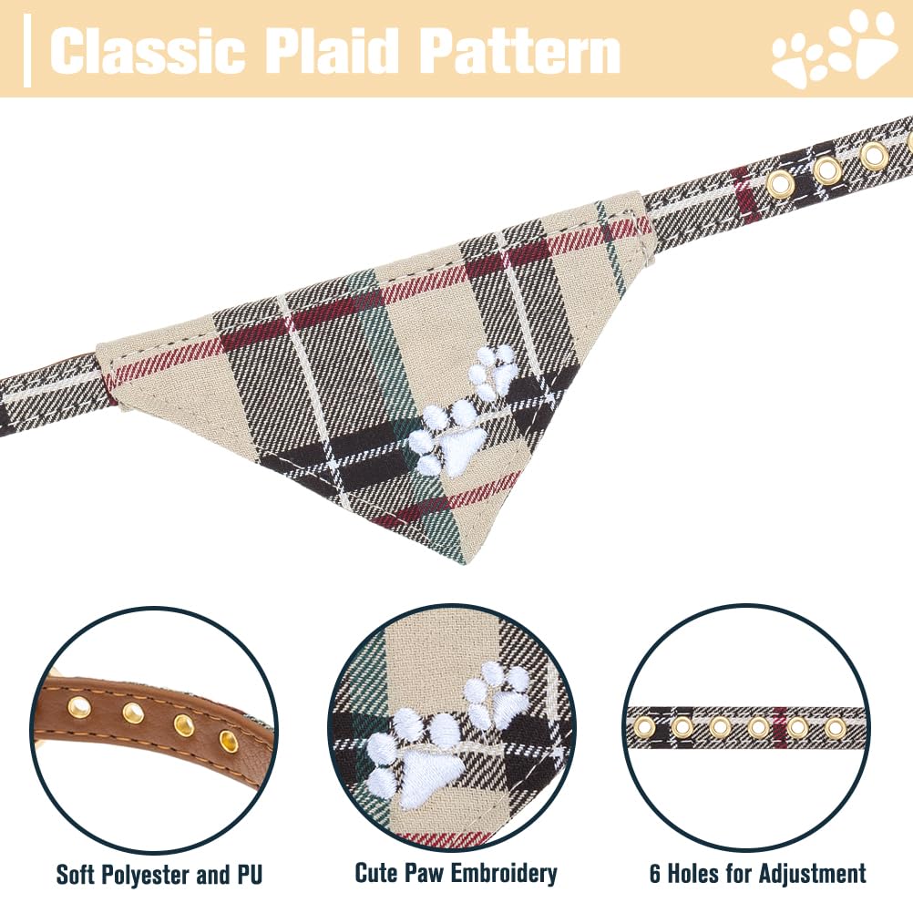 Expawlorer Dog Collar And Leash Set - Embroidered Pawprints Plaid With Bow Tie And Bandana, Adorable For Dogs Cats Outdoor Walki