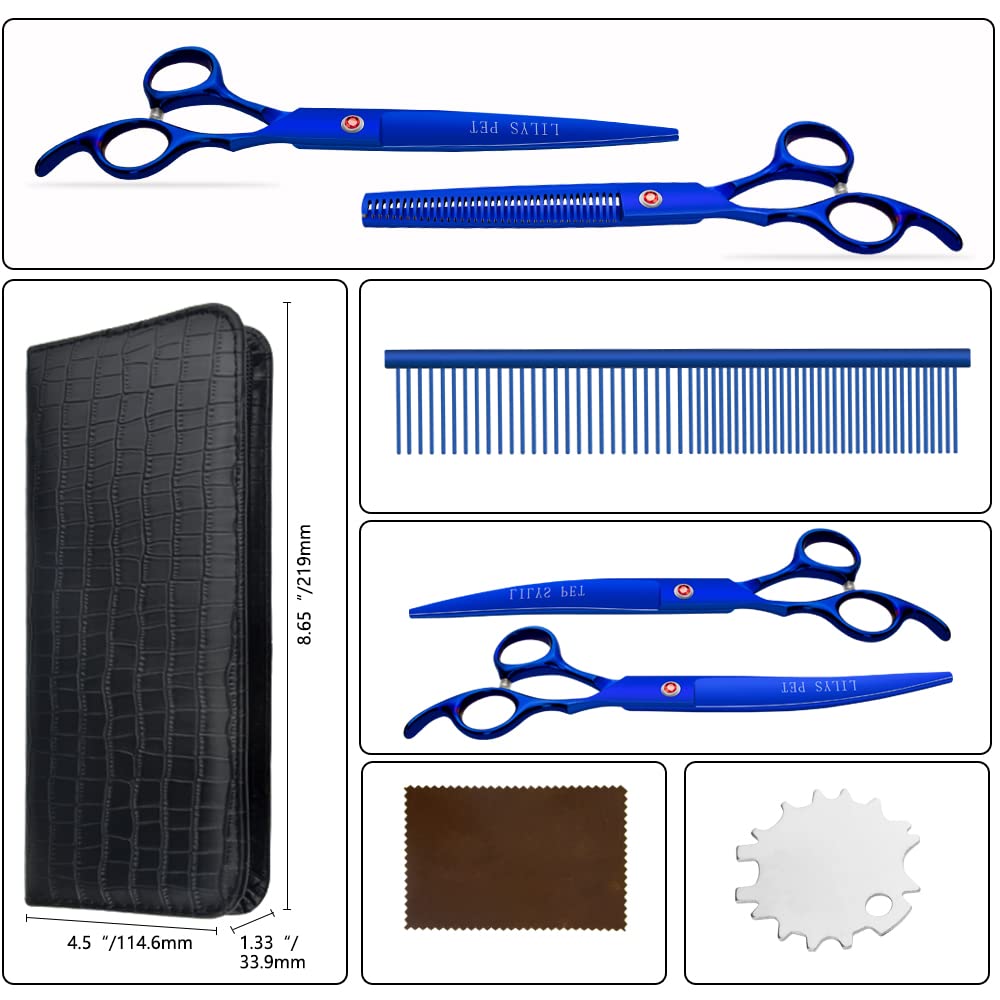 Lilys Pet Professional Pet Dog Grooming Coated Titanium Scissors Suit Cutting&Curved&Thinning Shears (7.5 Inches, Blue)…
