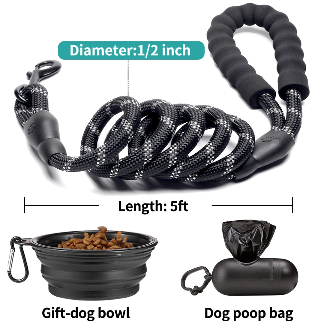 COOYOO 2 Pack Heavy Duty Dog Leash 6 FT with Padded Handle, Reflective, for Medium Large Dogs, Black+Silver
