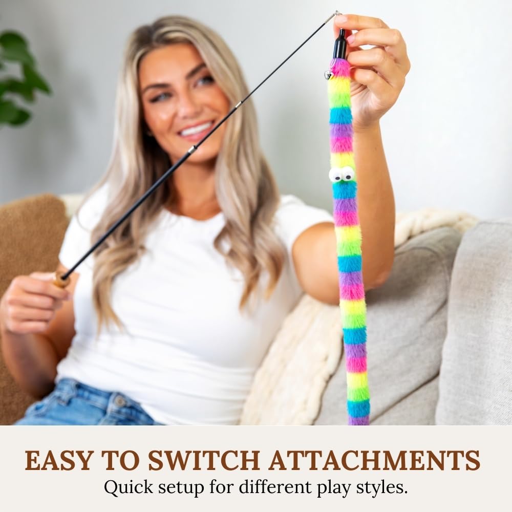 Gadgetsology Cat Toys Set Cat Toy Wand Fishing Pole Retractable Teaser & Fuzzy Worm Interactive Kitten Toys Wand Attachments