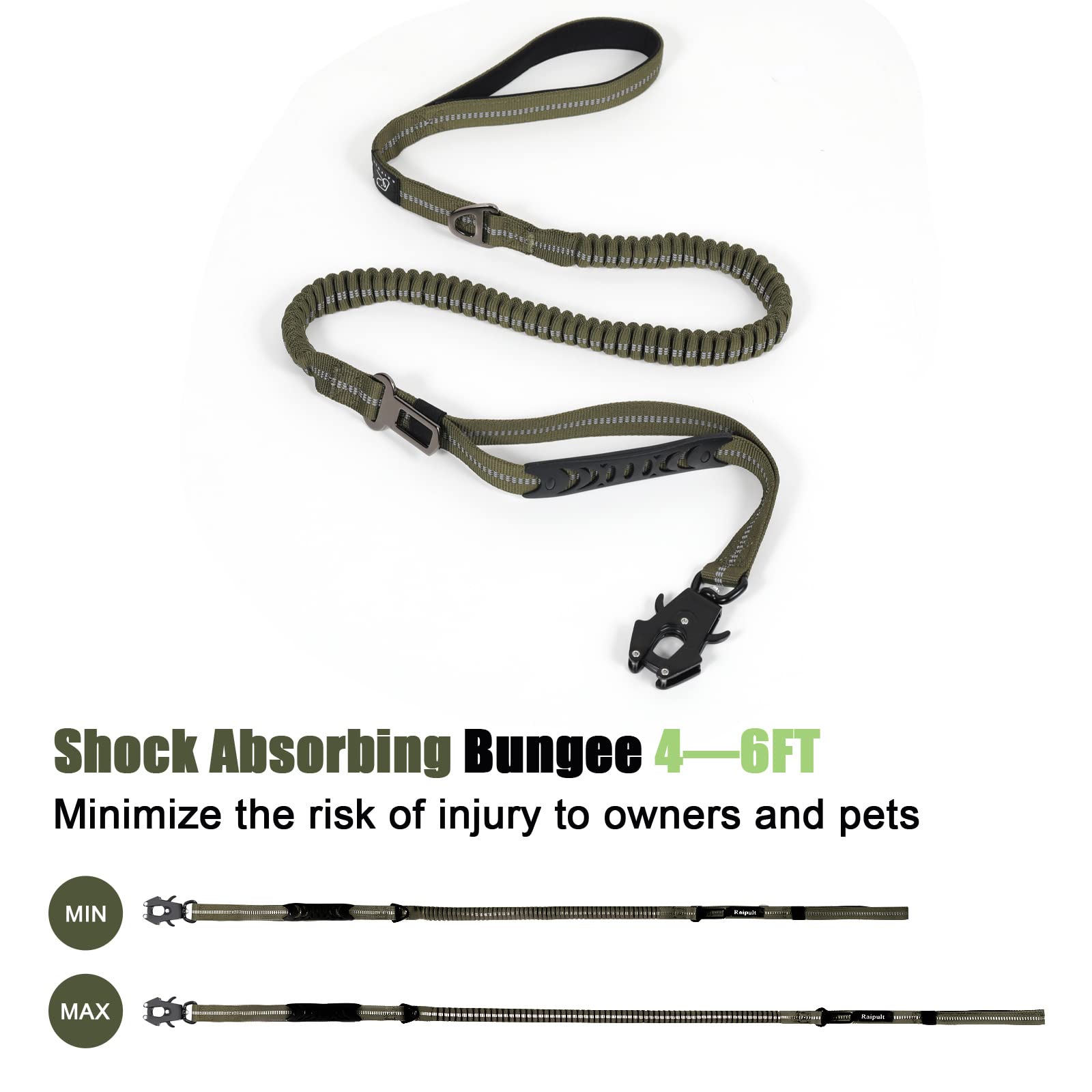 Raipult Tactical Heavy Duty Dog Leash,4-6Ft Strong Bungee Dog Leashes With Frog Clip & Car Seatbelt,Reflective Walking Lead With