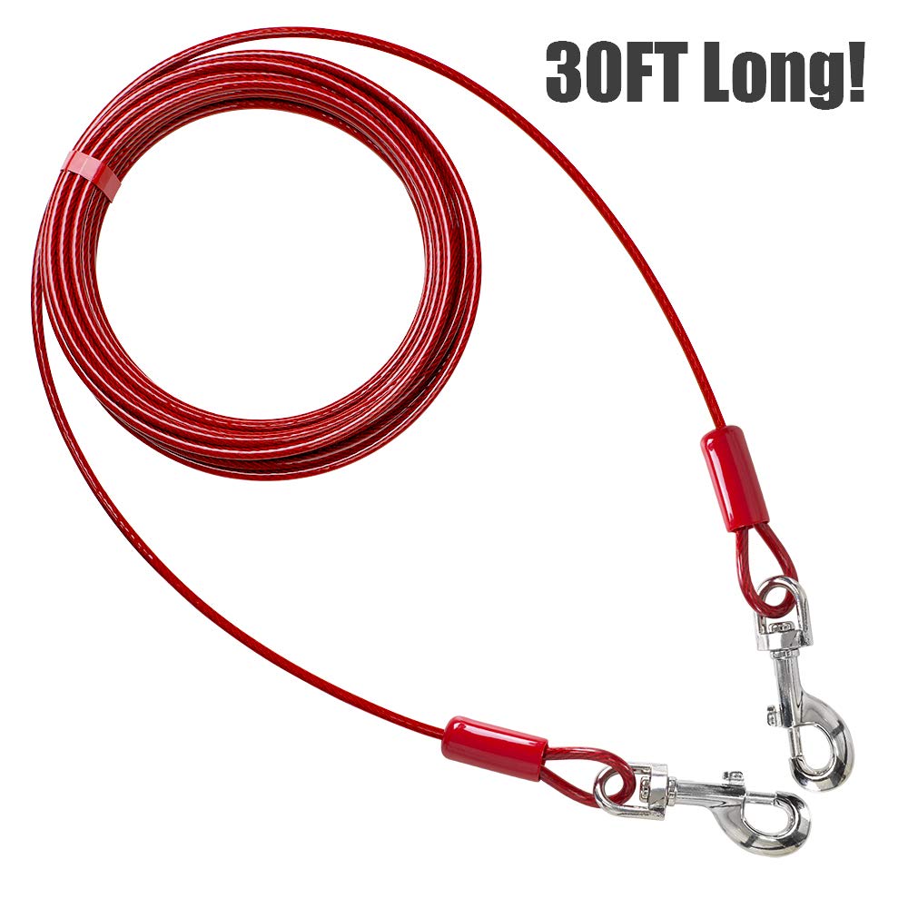 Bv Dog Tie Out Cable 30 Feet - Dog Leads For Yard Heavy Duty - Up To 125 Pounds | Tie Out Cable For Dogs, Reflective Dog Lead, Dog Cable 30Ft | Rust Free Dog Chain Outdoor | Dog Chain For Yard (Red)