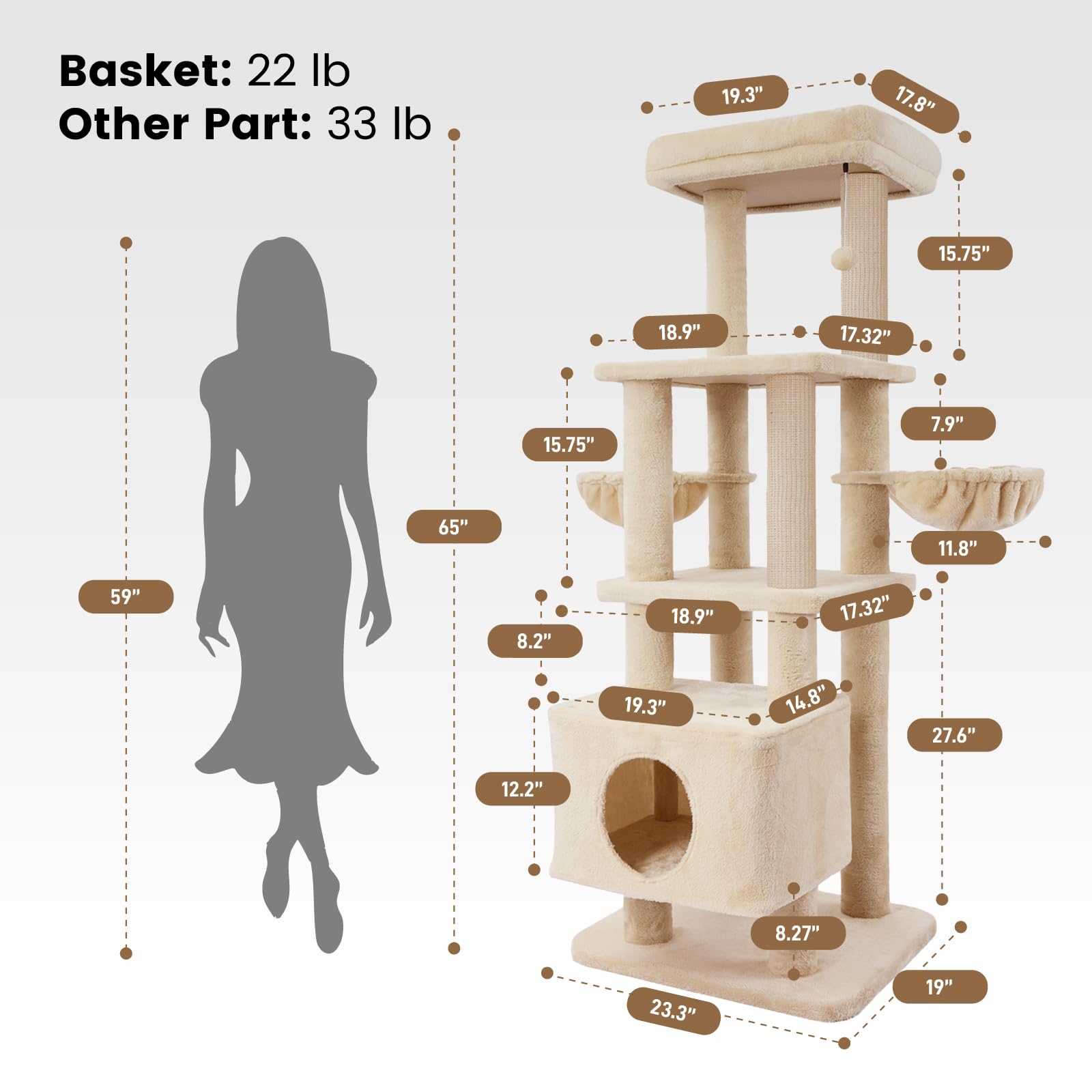 Gardner Pet 65In Heavy Duty Cat Tree Tower For Large Cats, Multi-Level Cat Furniture With Replaceable Sisal Scratching Post, Ham