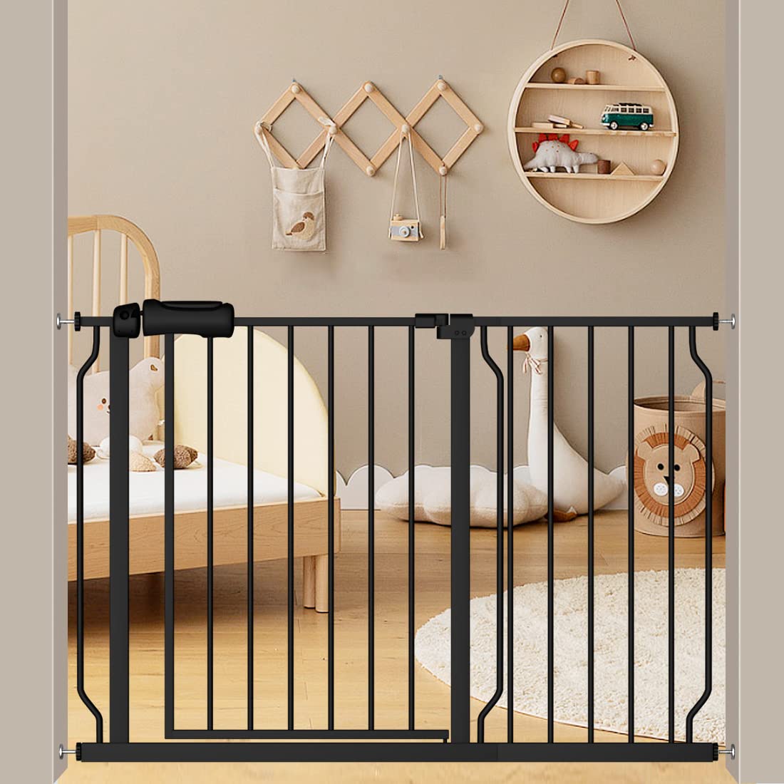 Flower Frail Extra Wide Baby Gate Black 34-38.5 Inch Wide Walk Through Pressure Mounted No Drill Long and Large Tension Metal Ga