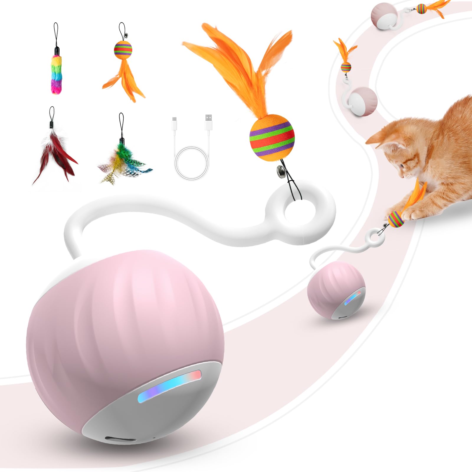 Aaa Amusang Interactive Cat Ball Toy And Feather Toys Refills For Indoor Cats, Automatic Cat Enrichment Toys - Pink