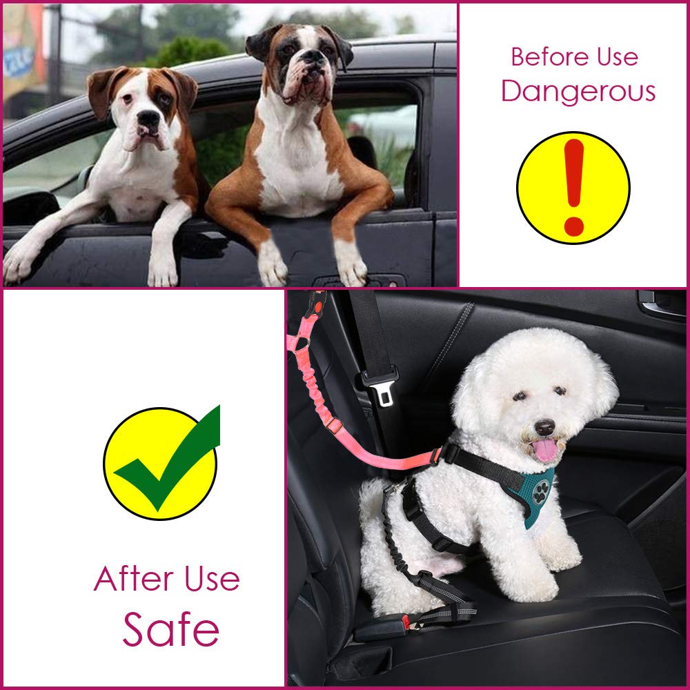 Lukovee Dog Car Seat Belt, 2 Pack Headrest Restraint Seatbelt, Adjustable Pet Safety Leads With Reflective Elastic Bungee For Dog Harness Collar Travel Daily Use (Fluorescent Pink,Headrest)