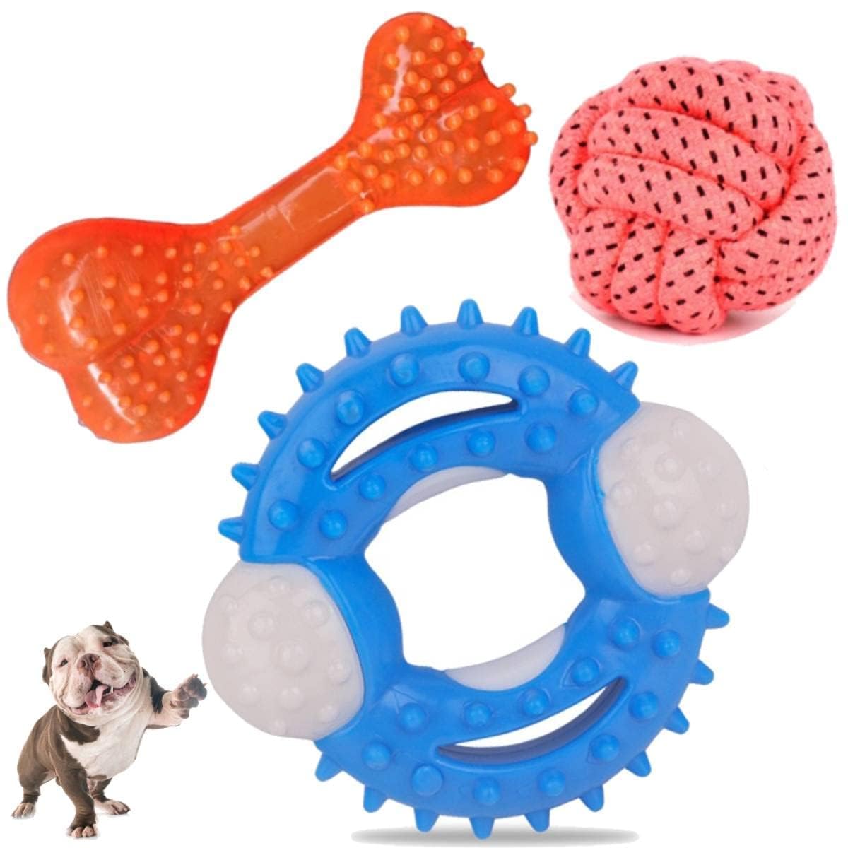 PSK PET MART Dog Chew Toys TPR Hard Chew Spike Ring (3.5 Inch) + Rope Cotton Ball Teething Toy for Aggressive Chewers Medium & L