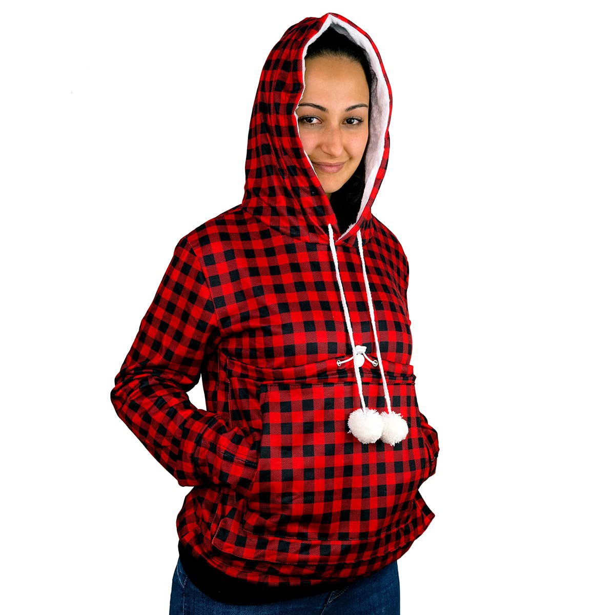 Alyc Pet Pouch Hoodie - Cat Dog Holder Sweatshirt Large Pocket Carrier Pullover Tops For Women (Red+Black, Medium)