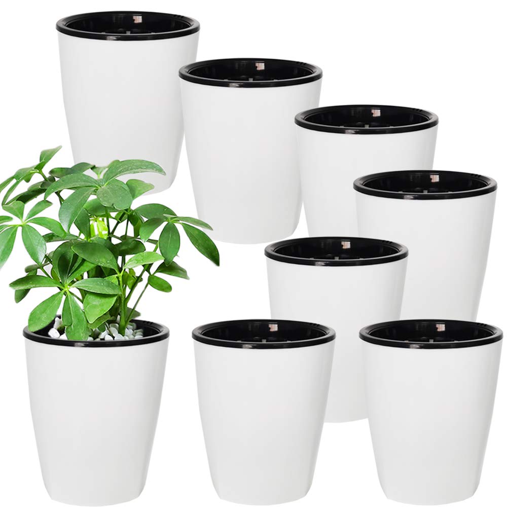 8 Pack 4 Inch Self Watering Plastic Planter With Inner Pot White Flower Plant Pot,Modern Decorative Flower Pot For All House Pla