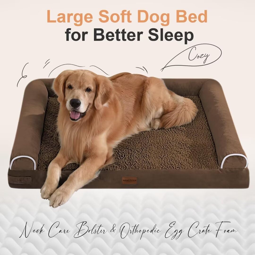 Large Dog Bed Orthopedic Washable: Jumbo Dog Bed Bolster Extra Large Dogs Egg Crate Foam Sofa Couch Waterproof Removable Cover - Coffee