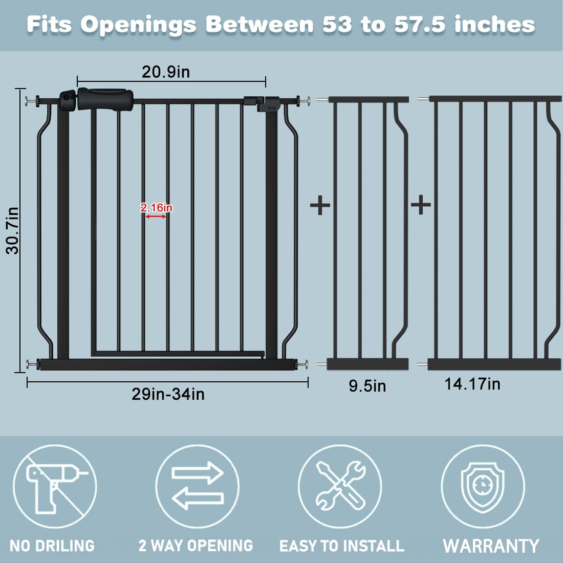 Flower Frail Extra Wide Baby Gate, Pressure Mounted, 53-57.5 Inch, Black, Alloy Steel, Model A07W046