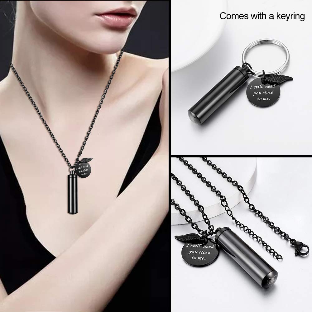 Dletay Cylinder Cremation Jewelry Urn Necklace For Ashes Memorial Ashes Necklace With Angel Wing Charm Memorial Keepsake For Pet Human-I Still Need You Close To Me
