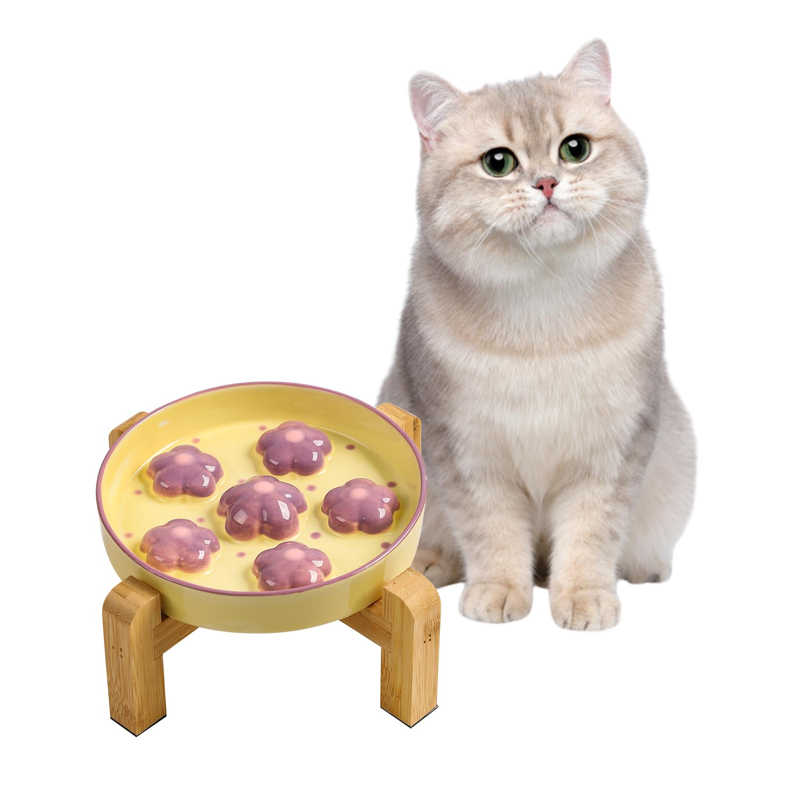 Elevated Slow Feeder Cat Bowl - Maze Puzzle Cat Food Dish with Bamboo Stand, Anti-Slip - Raised Base for Comfortable Eating - 6 