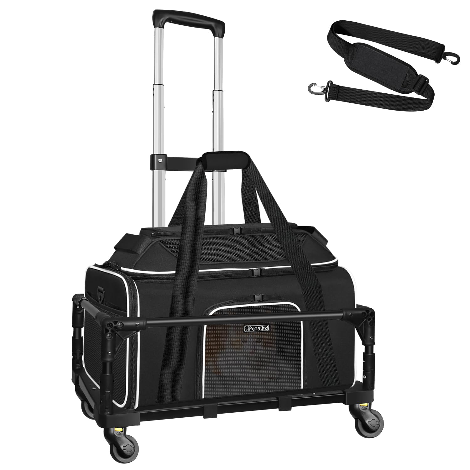 Petskd Top-Expandable Small Pet Carrier with Wheels (17 L x 11 W x 9.5 H), Alaska Airlines Approved, Rolling Pet Carrier for Sma