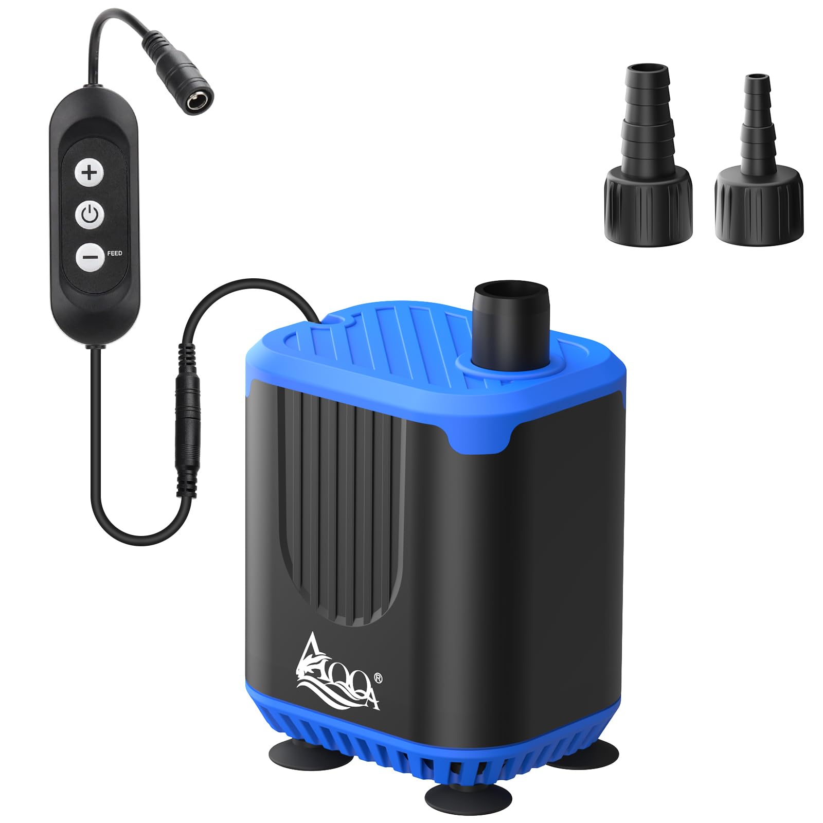 AQQA DC Aquarium Water Pump with Controller,4 Flow Adjustable,Feed Mode,IP68 Submersible Quiet Fish Tank Pump,3 Nozzles for Pond