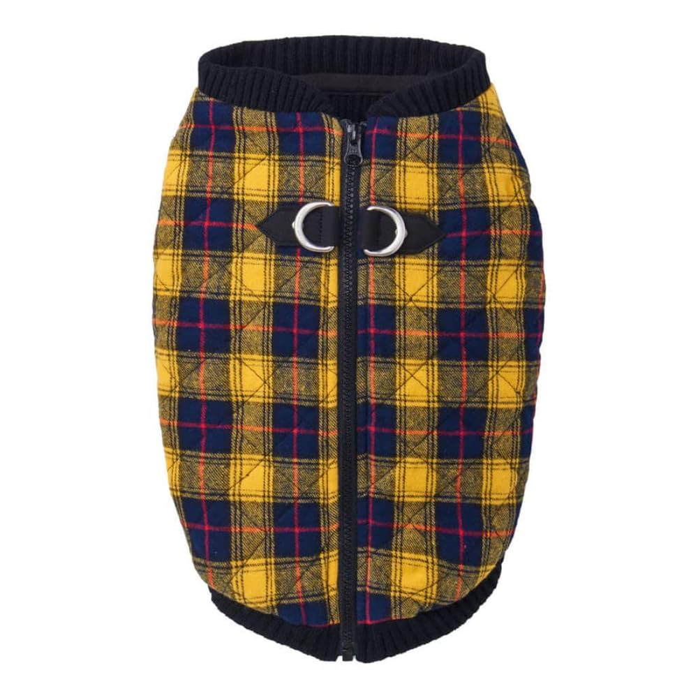 Gooby Fashion Vest Check Dog Jacket - Yellow Check, X-Large - Warm Zip Up Dog Bomber Vest Dual D Ring Leash - Winter Water Resis