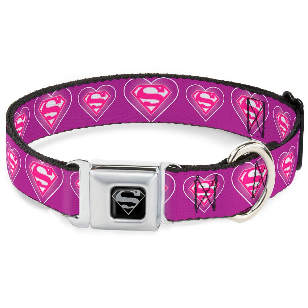 Buckle-Down Seatbelt Buckle Dog Collar - Superman Logo In Heart Purple/White/Pink - 1' Wide - Fits 15-26' Neck - Large