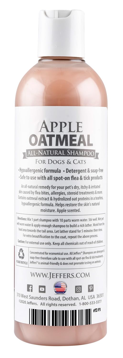 Jeffers Apple Oatmeal Dog & Cat Shampoo, Tearless Hypoallergenic, 17 Oz, Sensitive Skin, Soap & Detergent Free
