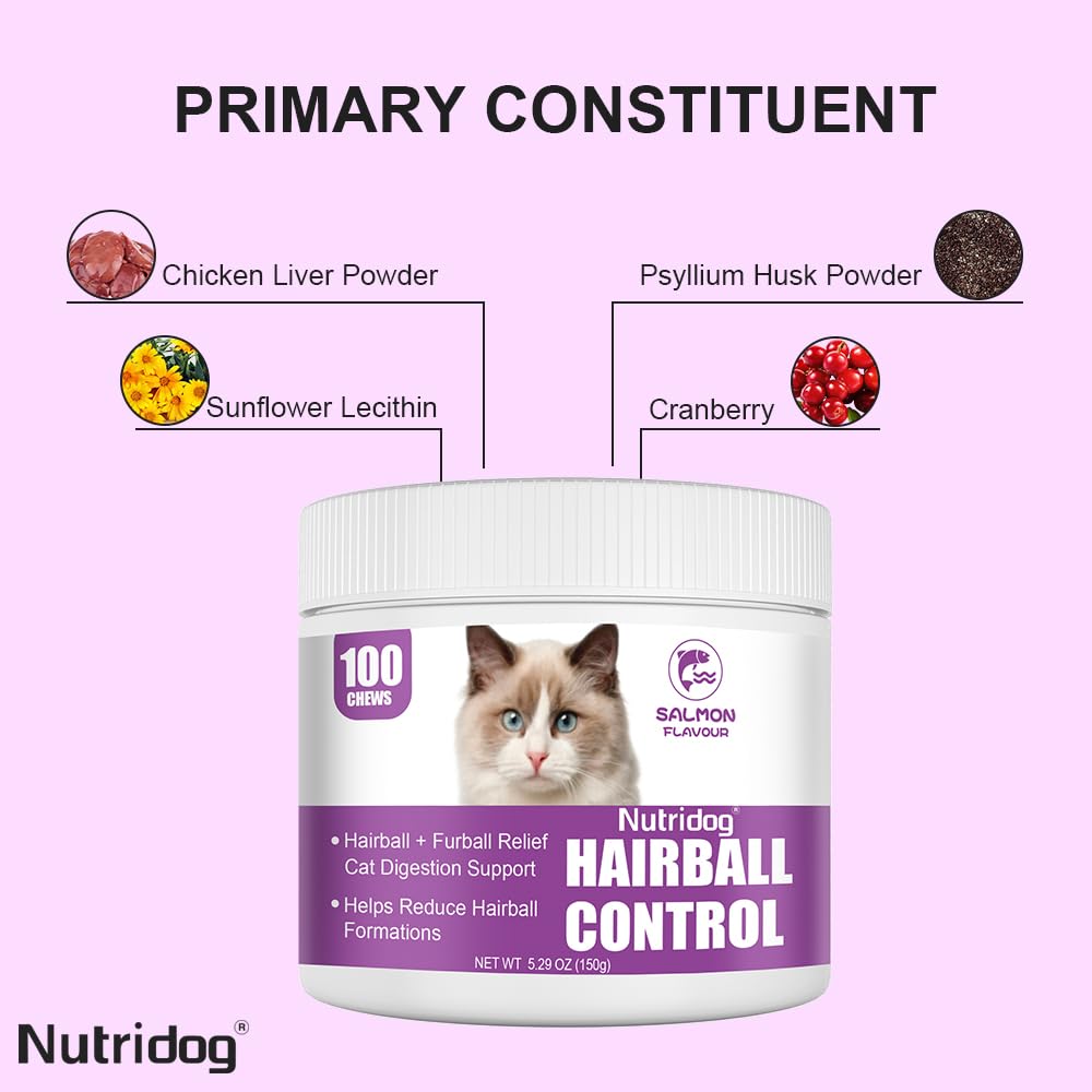 Nutridog Hairball Treats for Cats - Hairball Remedy Chews with Omega 3&6, Psyllium Husk, Zinc & Biotin - Salmon Flavor for Hairb