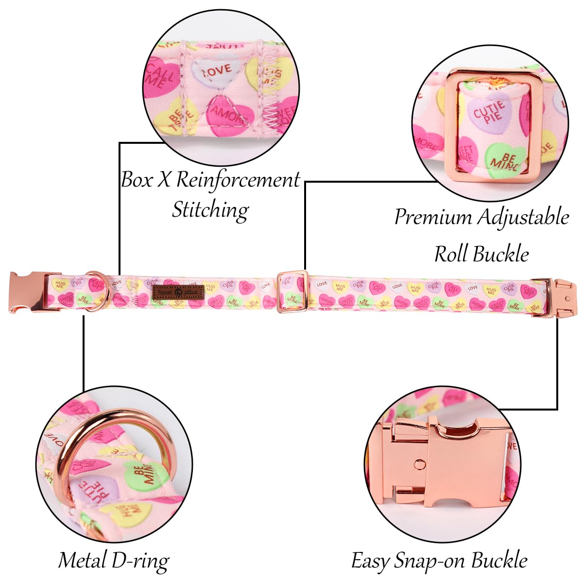 Lionet Paws Valentine'S Pink Dog Collar, Cute Heart Dog Collar For Large Dogs, Adjustable Cotton Pet Collars For Large Dogs