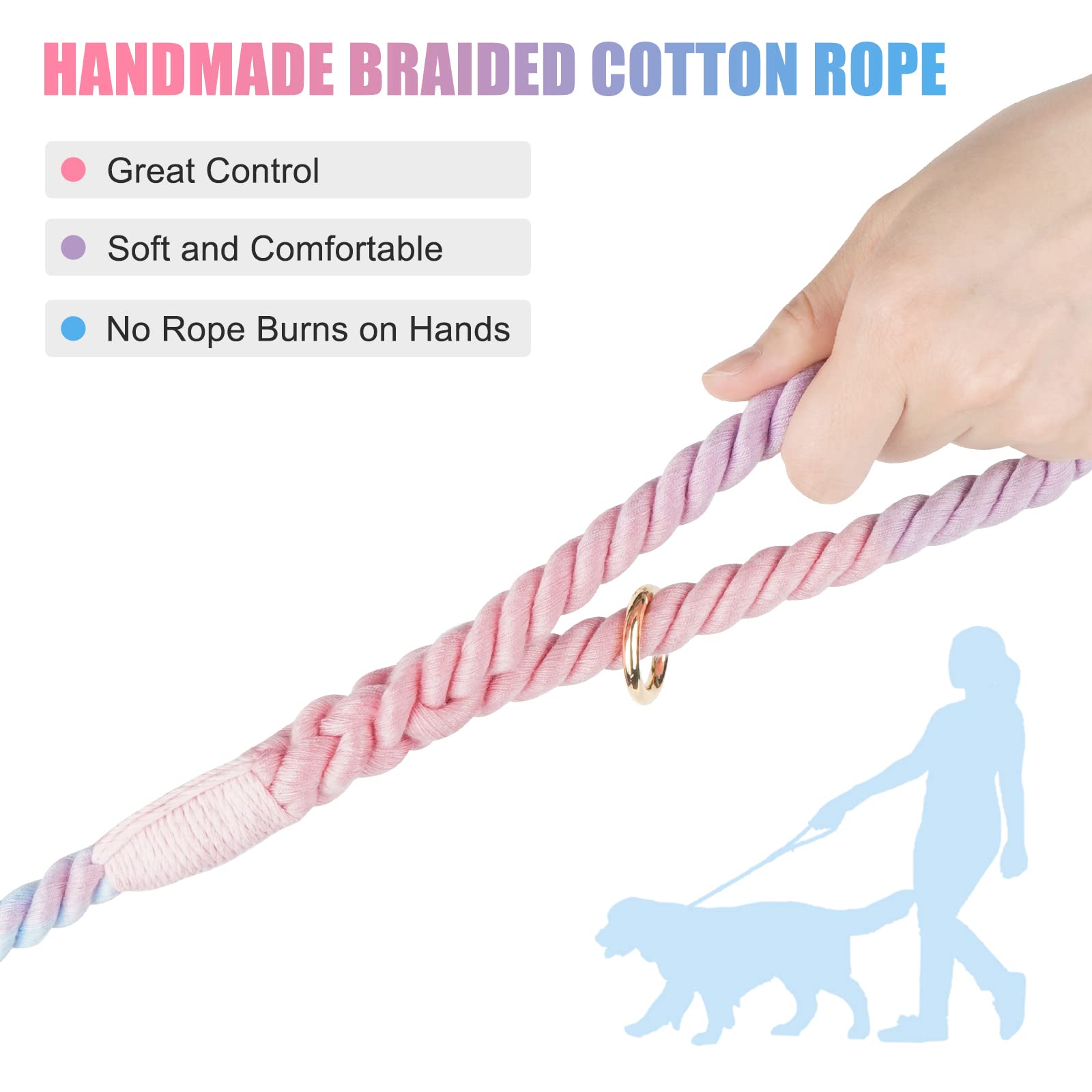 NUGUTIC Handmade Braided Cotton Rope Leash with Heavy Duty Metal Clasp, Cute Wedding Dog Leash (Colorful Macaron, 6 FT)